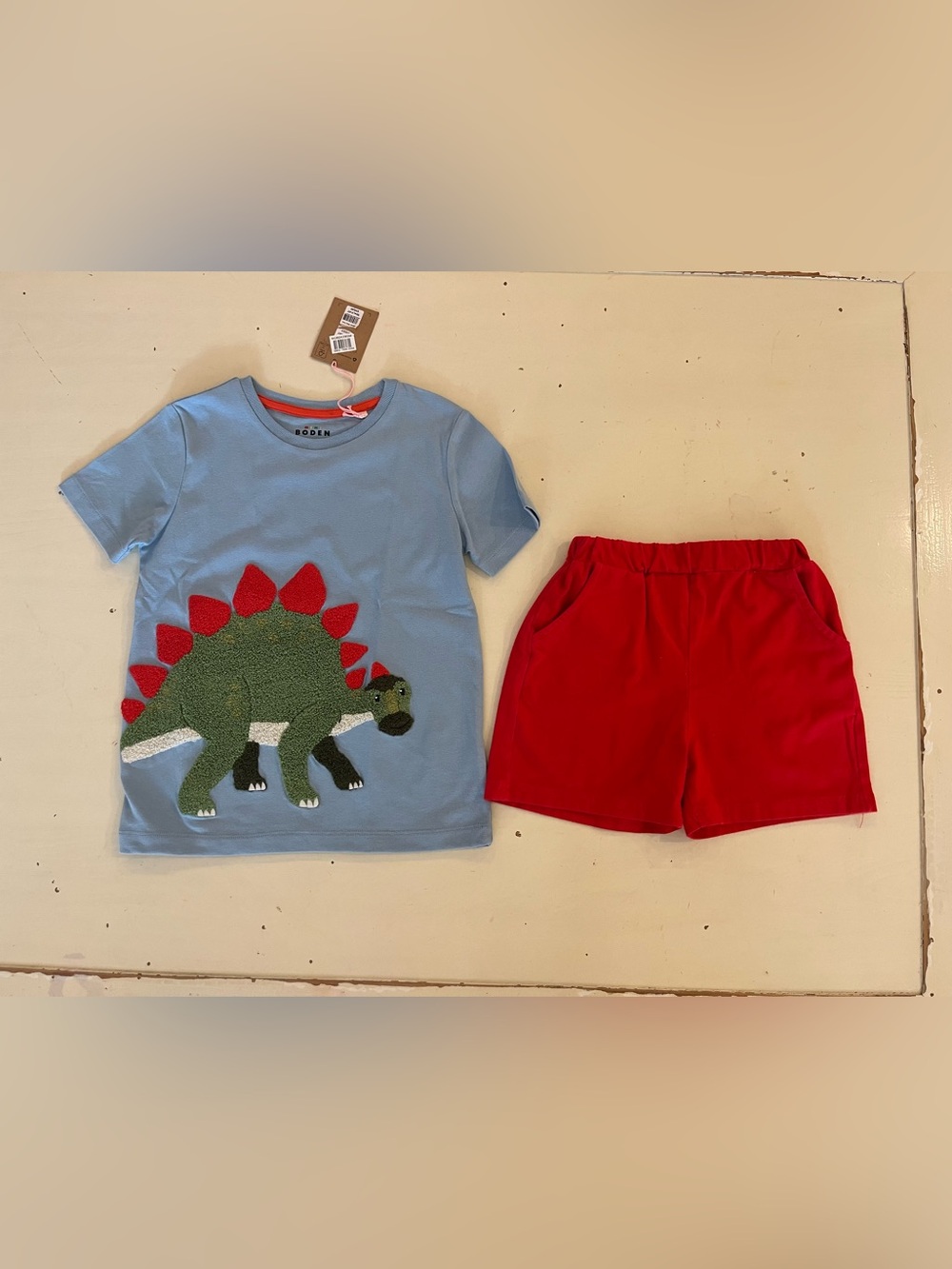 Mini Boden Appliqué Dino shirt and boutique shorts